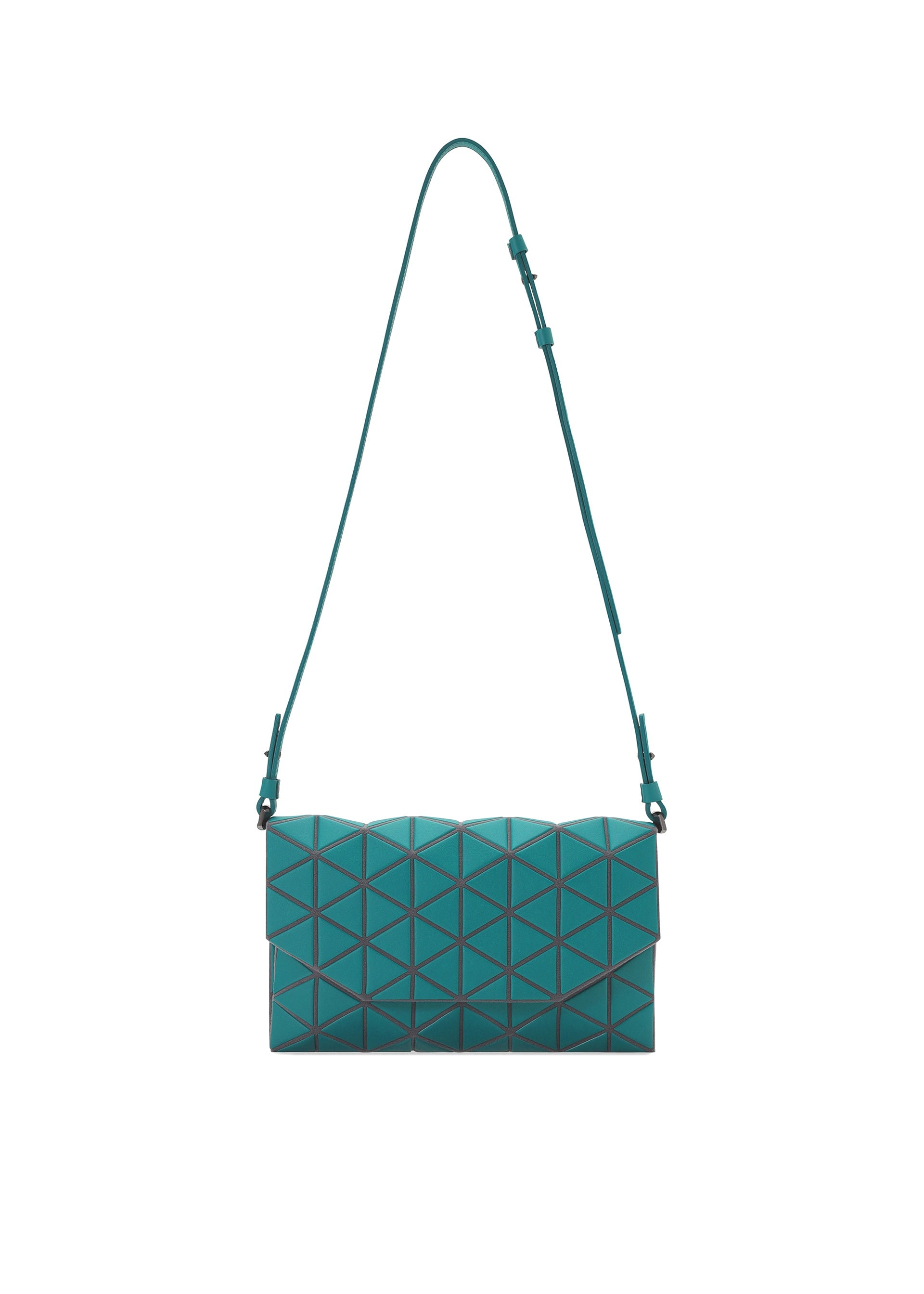 Zoomed view The TONNEAU MATTE shoulder bag by BAO BAO ISSEY MIYAKE features a turquoise geometric pattern with sleek triangular shapes, an adjustable strap, and a modern, minimalist design. This stylish bag is shown on a white background. - VIRIDIAN （no.69）