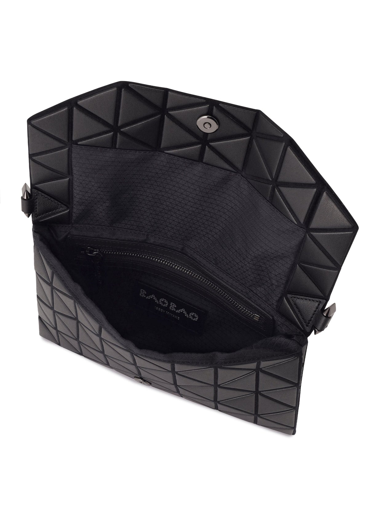 Open black TONNEAU MATTE clutch bag by BAO BAO ISSEY MIYAKE, featuring a striking geometric pattern and a magnetic snap closure; the interior reveals a zippered pocket and the brand’s signature logo—this versatile clutch is ideal for elevating any evening look. view 5 of 6