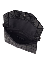 Open black TONNEAU MATTE clutch bag by BAO BAO ISSEY MIYAKE, featuring a striking geometric pattern and a magnetic snap closure; the interior reveals a zippered pocket and the brand’s signature logo—this versatile clutch is ideal for elevating any evening look.