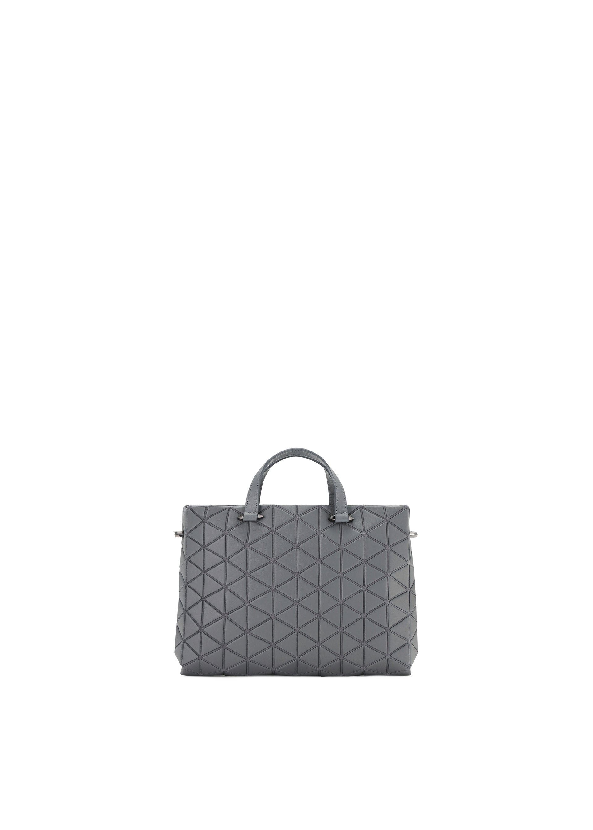 Zoomed view The TONNEAU MATTE by BAO BAO ISSEY MIYAKE, a gray mini handbag with a leather-like matte finish, geometric triangle pattern, two handles, and a structured rectangular shape, is centered against a plain white background. - DARK GRAY （no.13）