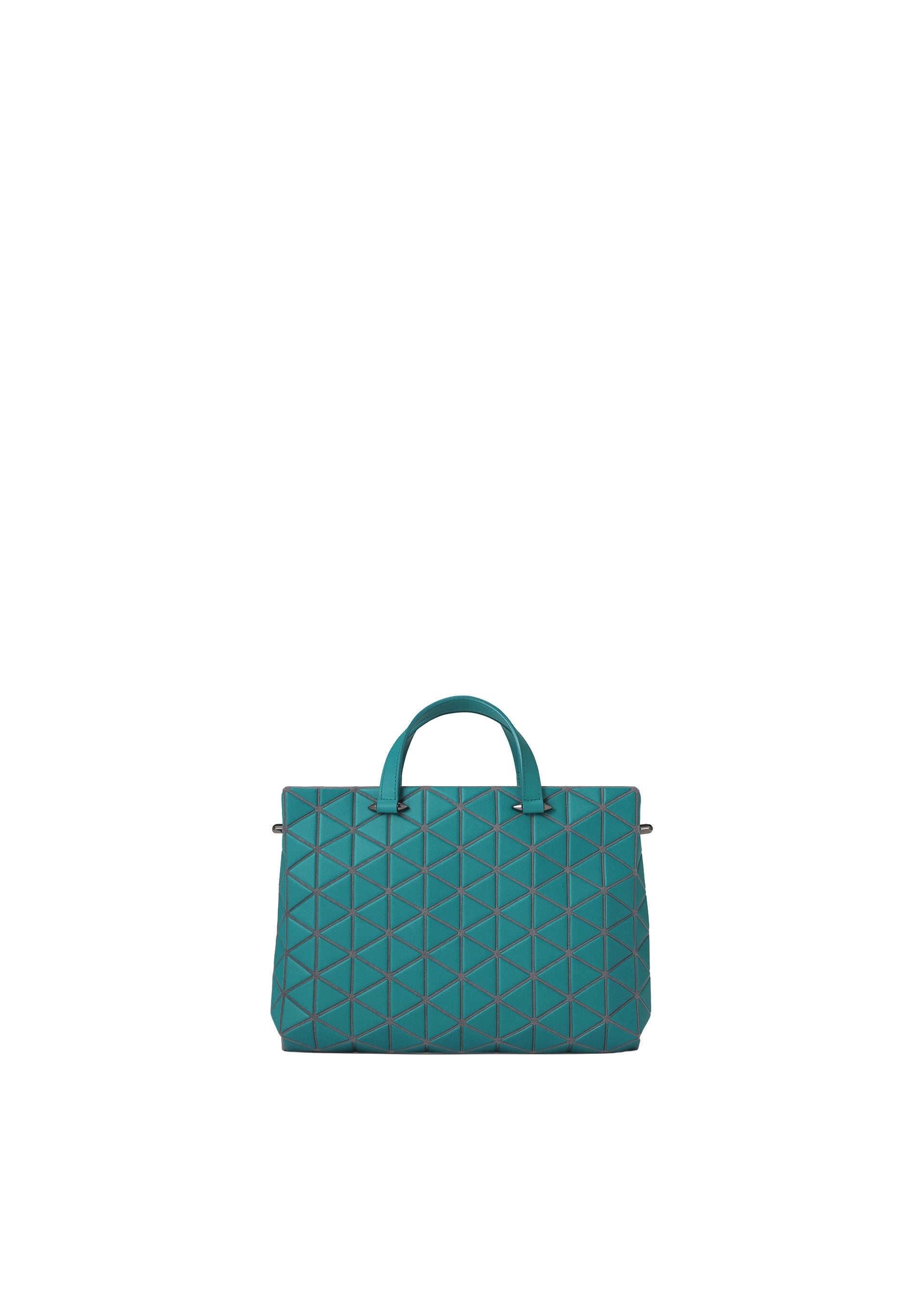 Zoomed view The TONNEAU MATTE by BAO BAO ISSEY MIYAKE is a teal mini handbag with a geometric triangle pattern, featuring two short handles and a structured rectangular barrel silhouette. Crafted from a matte, leather-like material, it is presented against a plain white background. - VIRIDIAN （no.69）