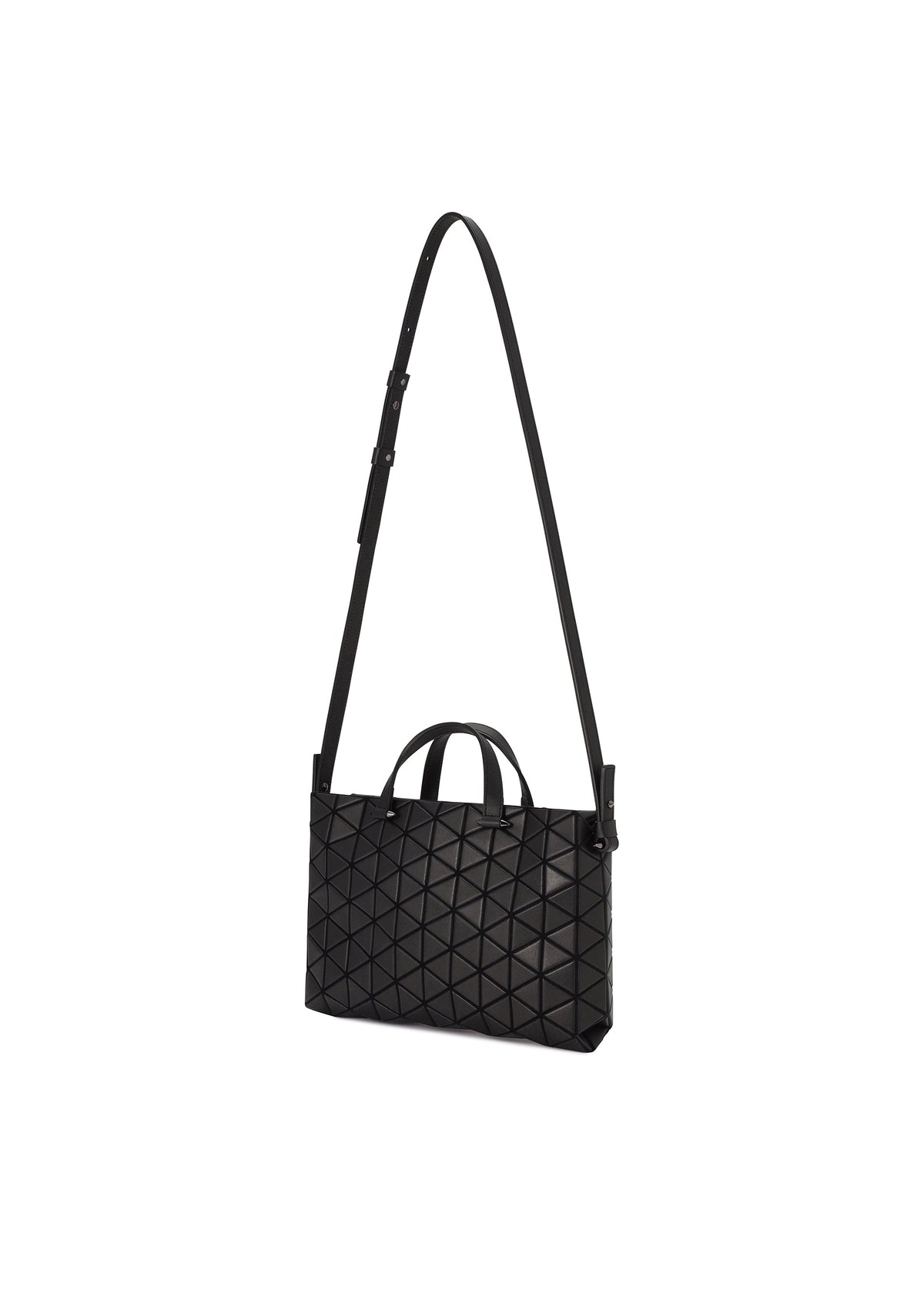 BAO BAO ISSEY MIYAKE’s TONNEAU MATTE is a black, barrel-shaped mini handbag with a geometric pattern, crafted from leather-like matte material. It features an adjustable long strap and two small handles, and is photographed against a white background. view 3 of 7