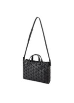 A black geometric-patterned, leather-like handbag with short handles and a long adjustable shoulder strap, shown against a white background.
