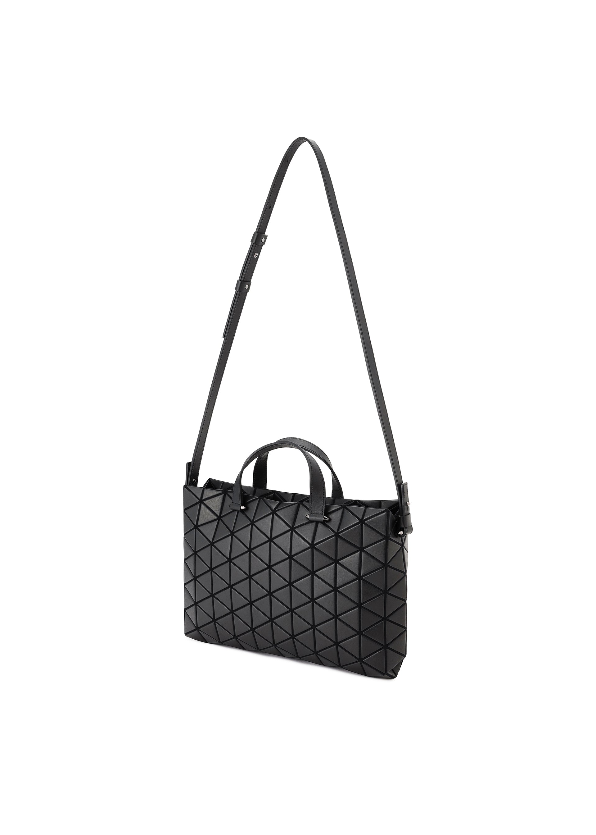 Zoomed view A black geometric-patterned, leather-like handbag with short handles and a long adjustable shoulder strap, shown against a white background.