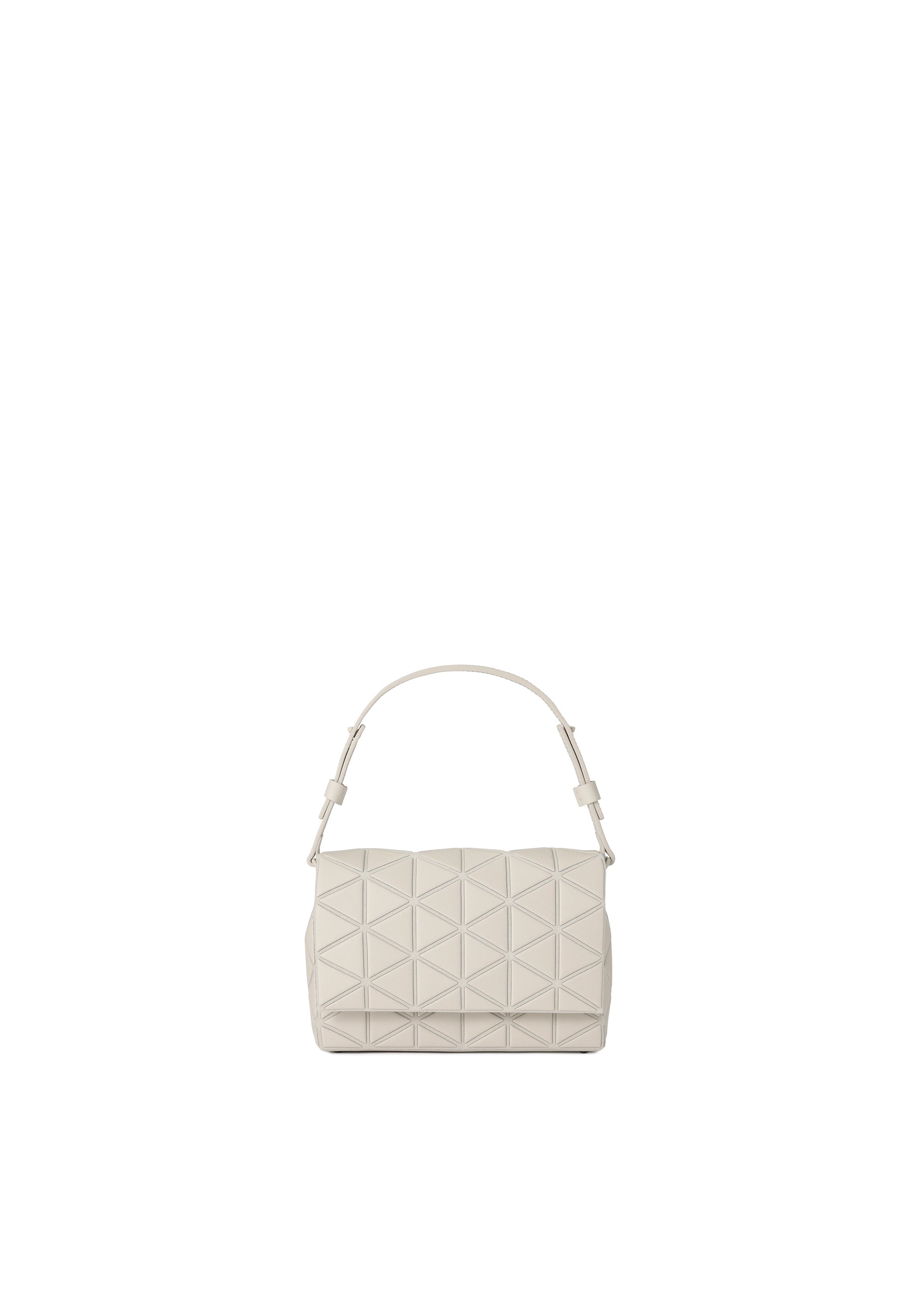 Zoomed view The FOSSETTE by BAO BAO ISSEY MIYAKE is a small, off-white cross-body bag with a short handle and a geometric quilted pattern, featuring a secure magnetic closure, shown centered on a plain white background. - BEIGE （no.41）
