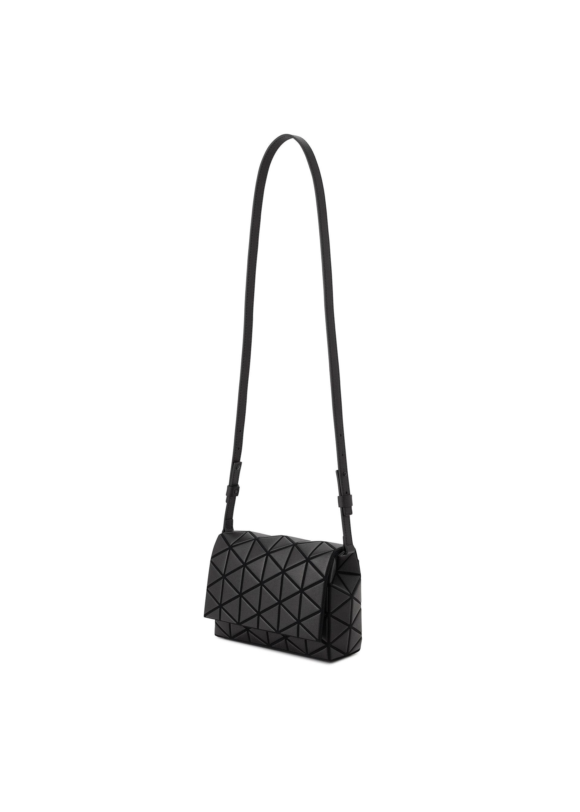 Zoomed view The BAO BAO ISSEY MIYAKE FOSSETTE is a black crossbody bag featuring a geometric pattern, a long adjustable strap, and a convenient magnetic closure, showcased against a white background.