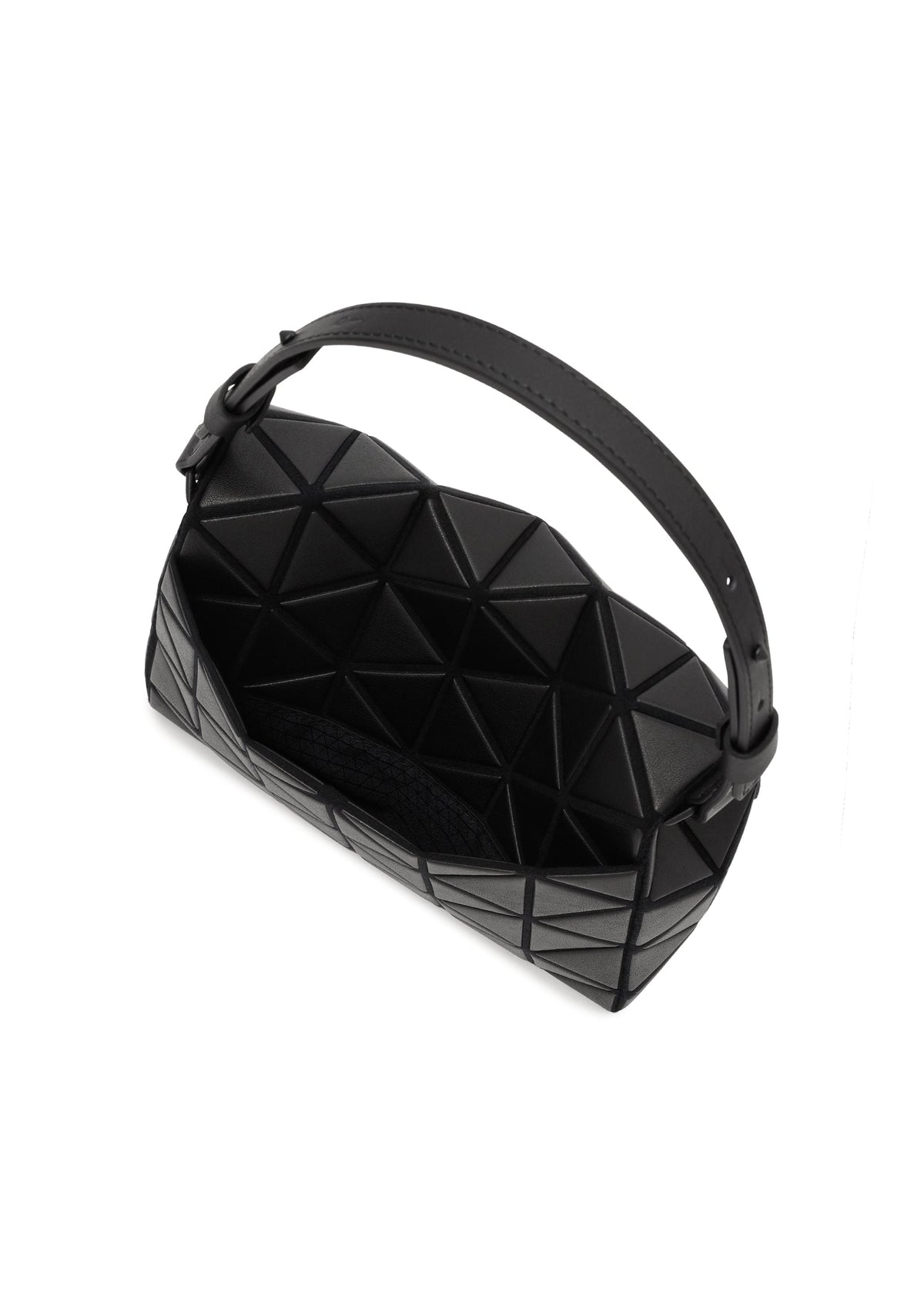 The FOSSETTE cross-body bag by BAO BAO ISSEY MIYAKE features a black geometric triangular design on the exterior, a thick strap, and a magnetic closure. Pictured from above, its open interior is displayed. view 4 of 6