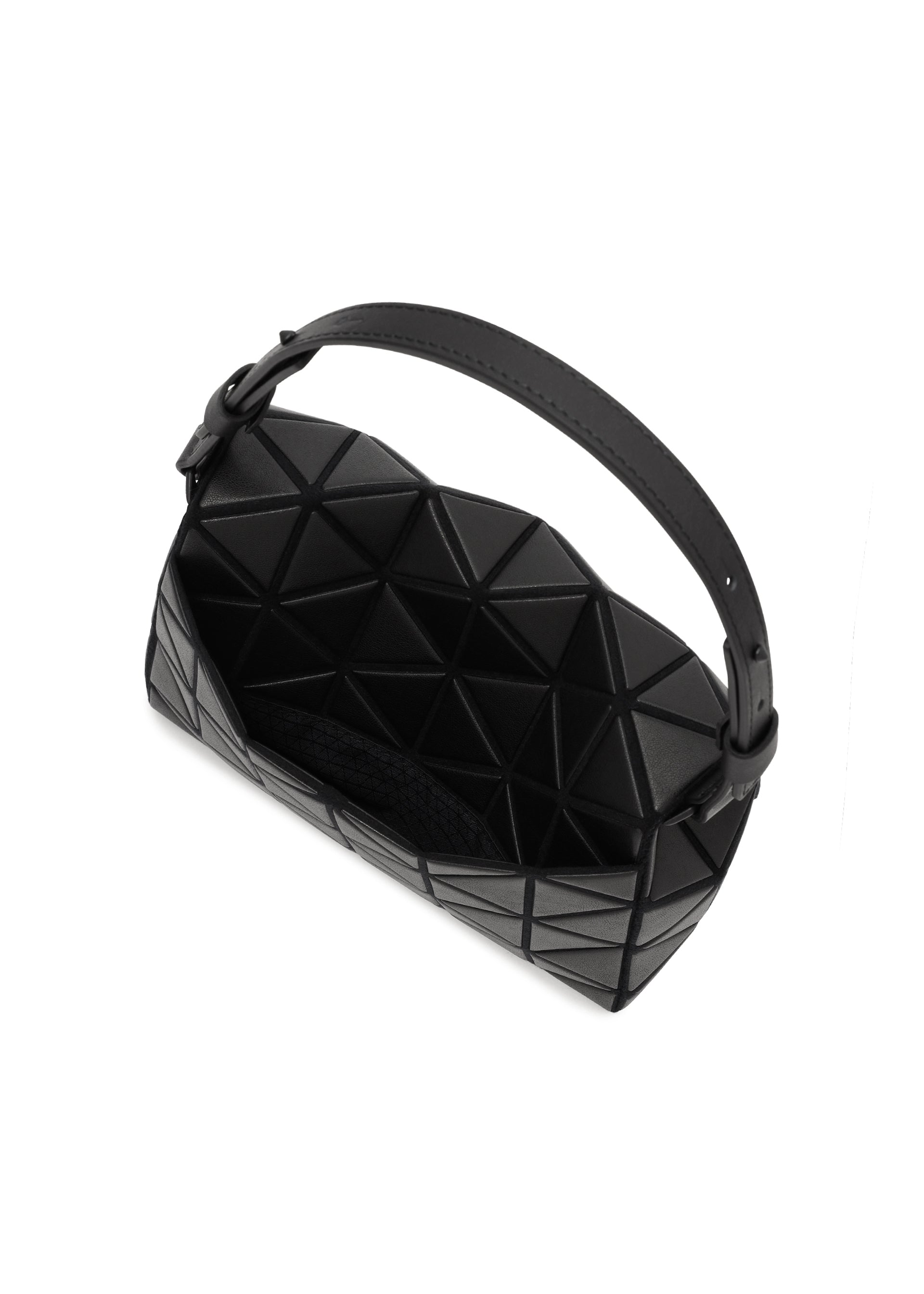 Zoomed view The FOSSETTE cross-body bag by BAO BAO ISSEY MIYAKE features a black geometric triangular design on the exterior, a thick strap, and a magnetic closure. Pictured from above, its open interior is displayed.