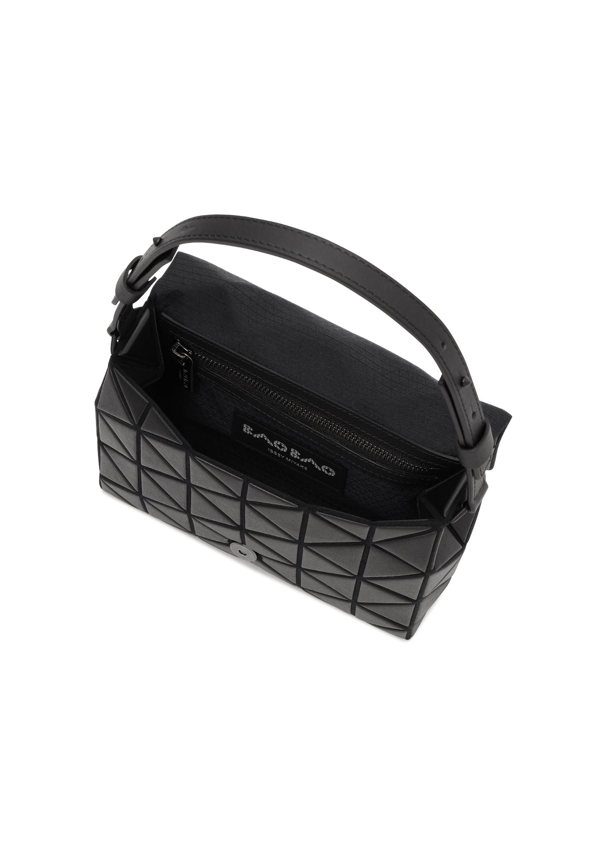 The BAO BAO ISSEY MIYAKE FOSSETTE is a black handbag with a geometric pattern, featuring a top handle, an open top with magnetic closure, a zippered inner pocket, and textile lining. view 5 of 6