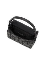 The BAO BAO ISSEY MIYAKE FOSSETTE is a black handbag with a geometric pattern, featuring a top handle, an open top with magnetic closure, a zippered inner pocket, and textile lining.