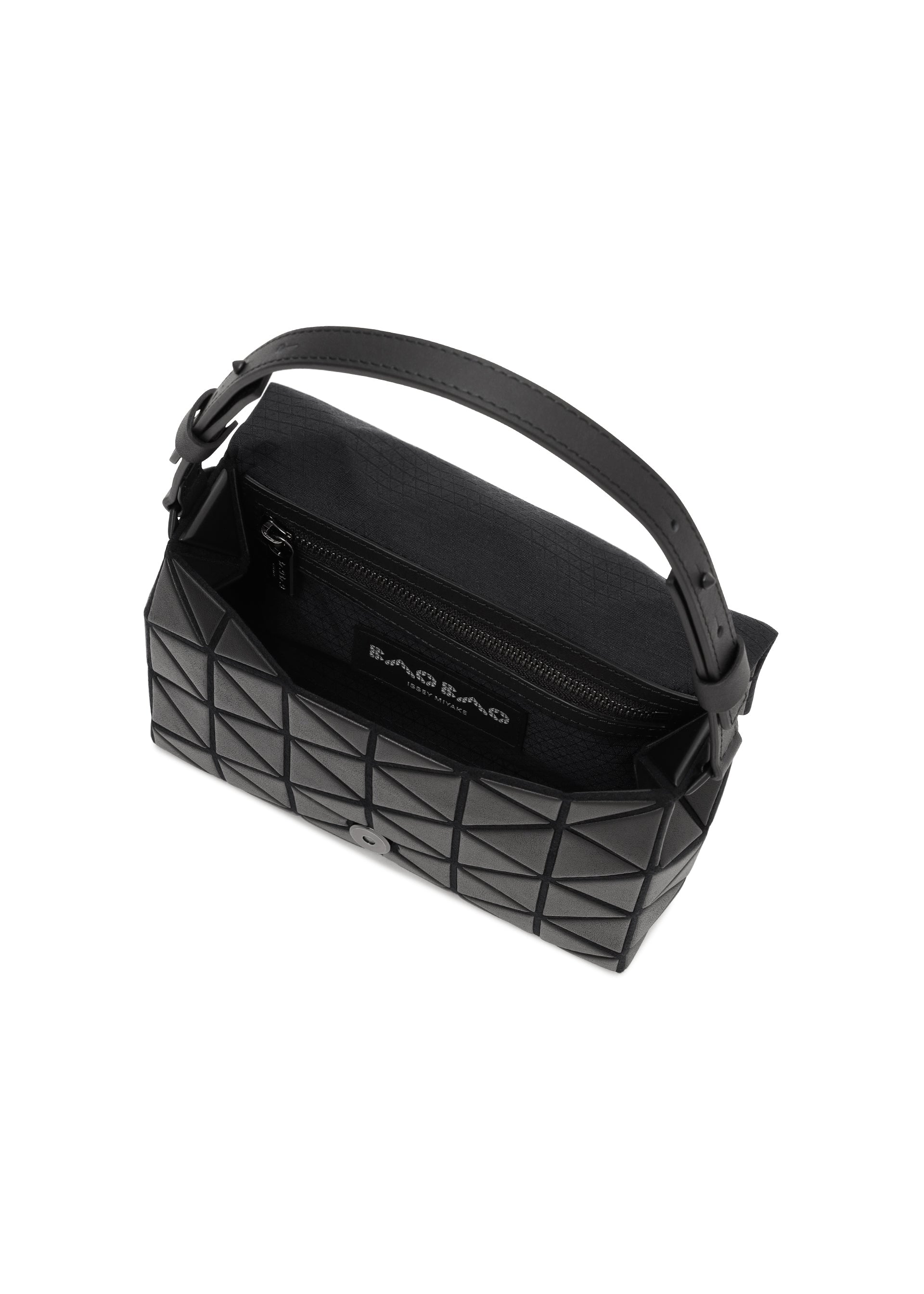 Zoomed view The BAO BAO ISSEY MIYAKE FOSSETTE is a black handbag with a geometric pattern, featuring a top handle, an open top with magnetic closure, a zippered inner pocket, and textile lining.