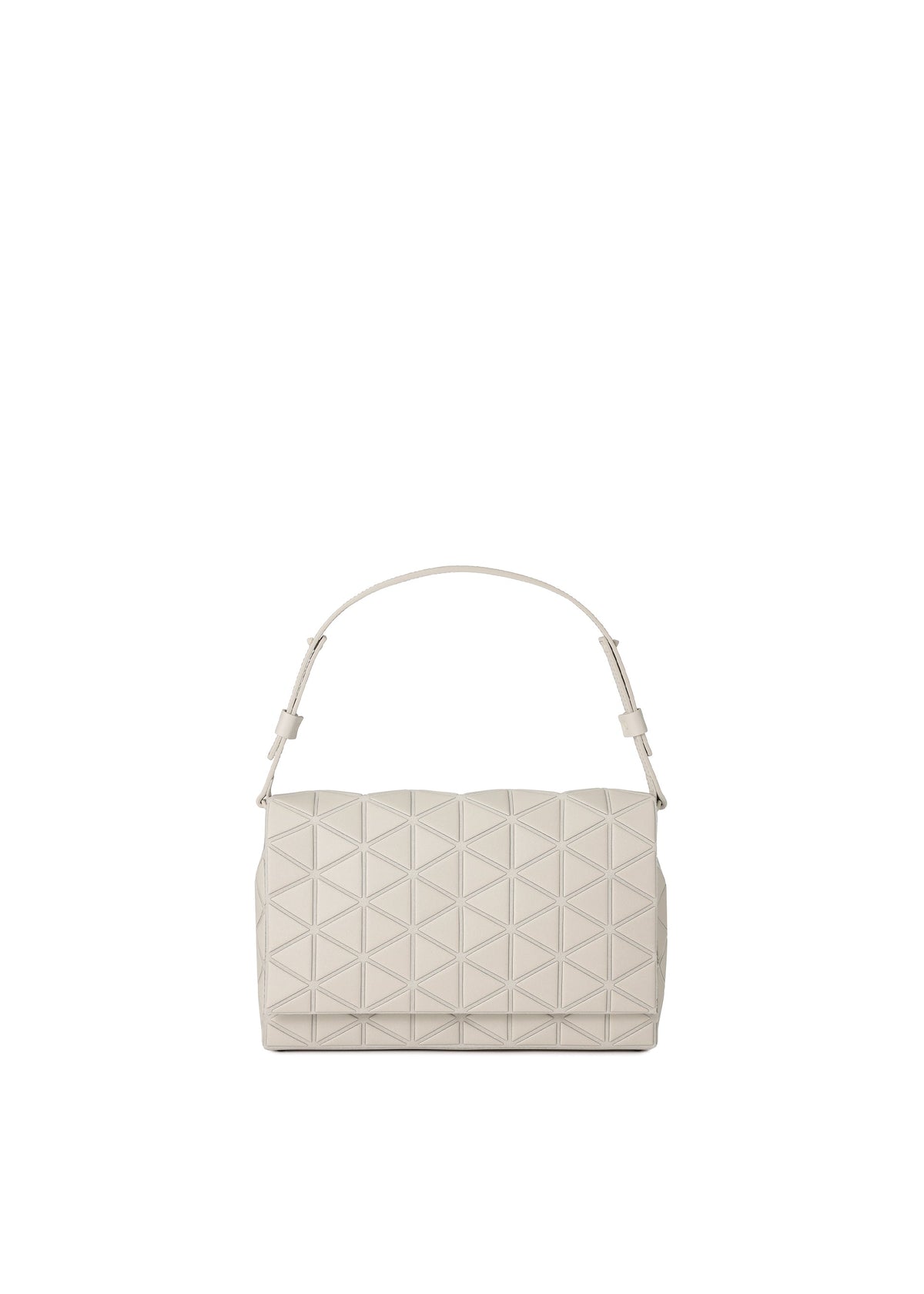 The FOSSETTE by BAO BAO ISSEY MIYAKE is a beige, rectangular cross-body bag featuring the brand’s signature geometric triangle pattern, a short adjustable strap, and a minimalist design with a secure magnetic closure, showcased against a plain white background. view 1 of 6