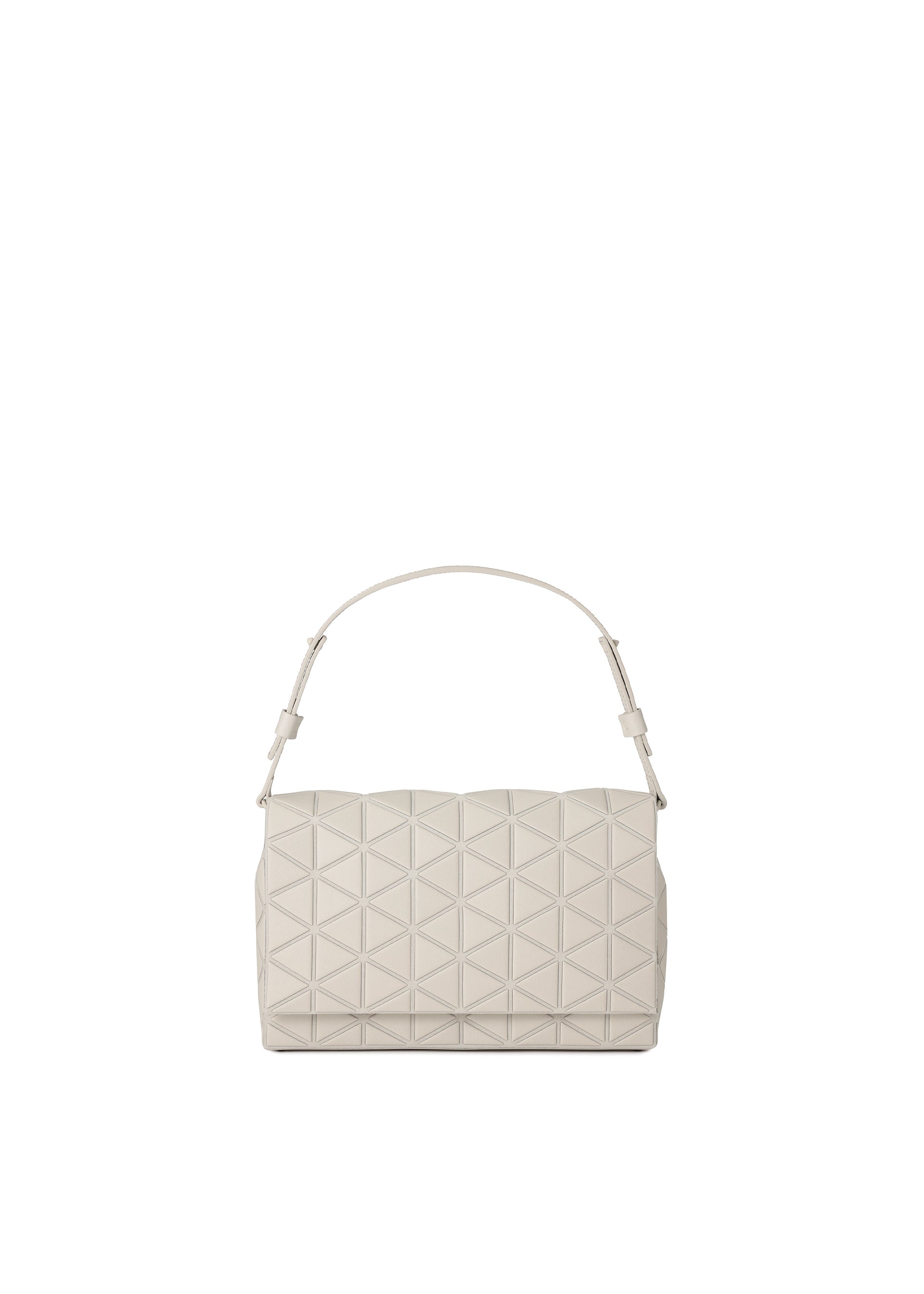 Zoomed view The FOSSETTE by BAO BAO ISSEY MIYAKE is a beige, rectangular cross-body bag featuring the brand’s signature geometric triangle pattern, a short adjustable strap, and a minimalist design with a secure magnetic closure, showcased against a plain white background. - BEIGE （no.41）