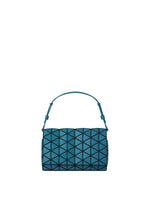 The FOSSETTE handbag by BAO BAO ISSEY MIYAKE is a blue bag with a geometric triangular pattern and a handle, featuring a magnetic closure, displayed against a plain white background. - AQUAMARINE （no.74）