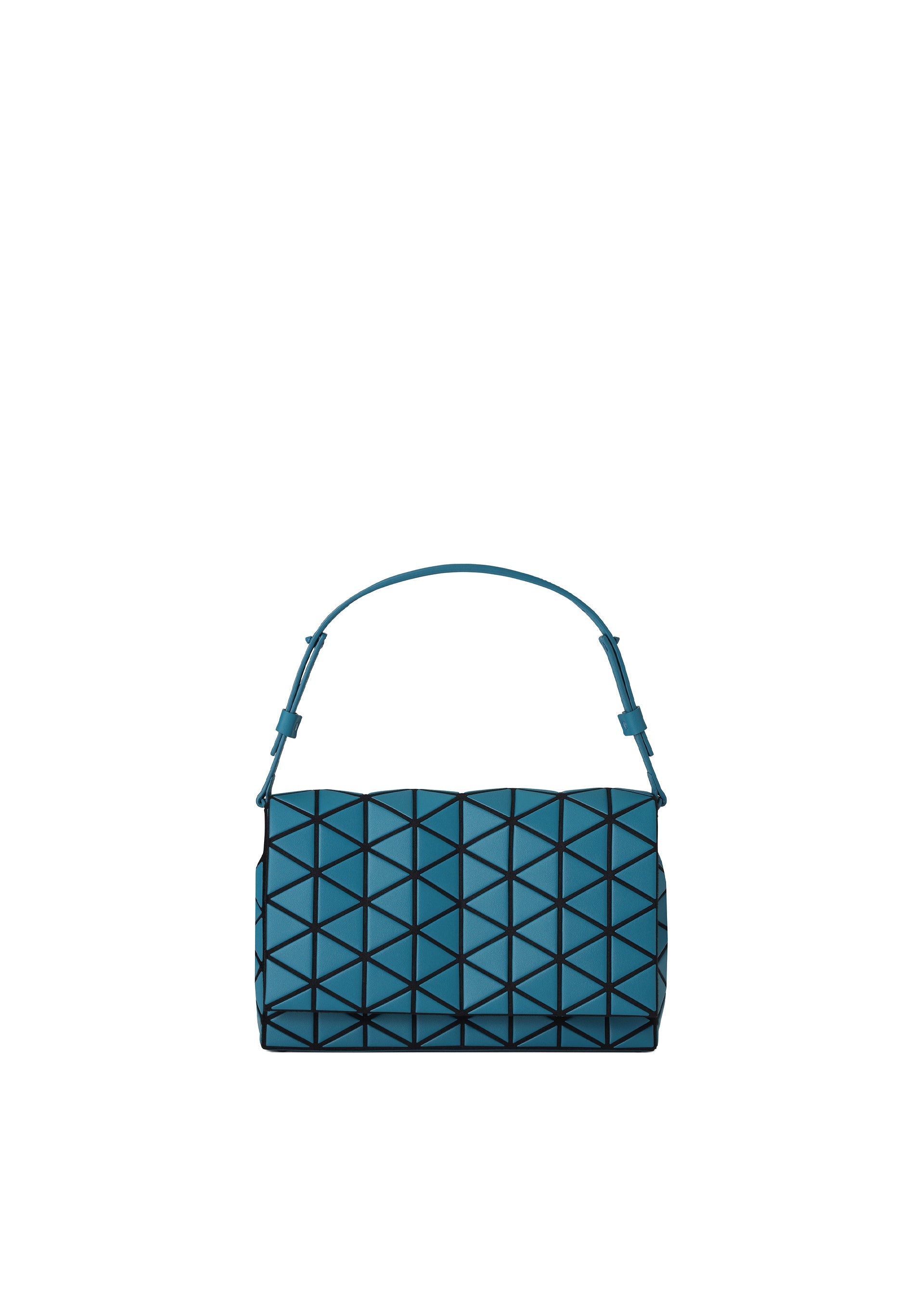 Zoomed view The FOSSETTE handbag by BAO BAO ISSEY MIYAKE is a blue bag with a geometric triangular pattern and a handle, featuring a magnetic closure, displayed against a plain white background. - AQUAMARINE （no.74）