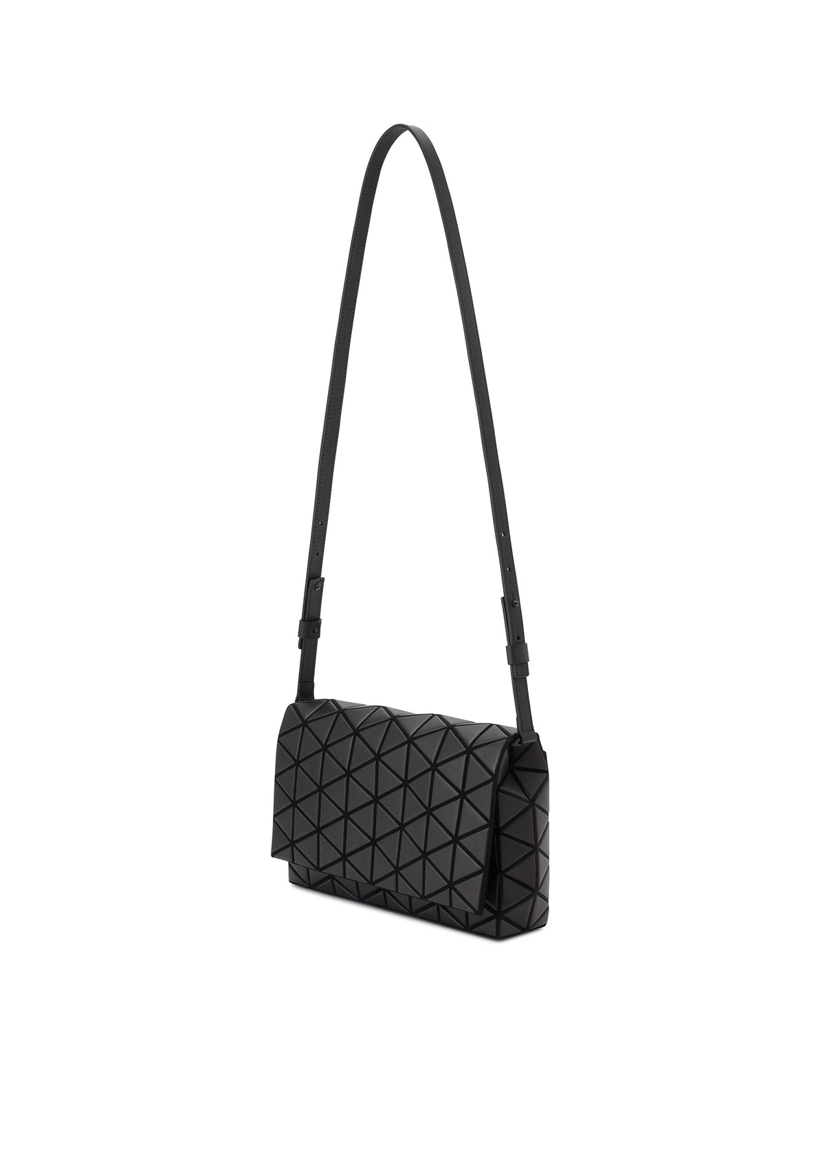 The FOSSETTE cross-body bag by BAO BAO ISSEY MIYAKE is a black bag showcasing a geometric triangular pattern, an adjustable strap, and a rectangular flap with a magnetic closure. view 3 of 6