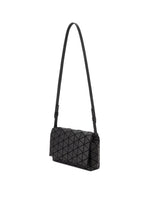 The FOSSETTE cross-body bag by BAO BAO ISSEY MIYAKE is a black bag showcasing a geometric triangular pattern, an adjustable strap, and a rectangular flap with a magnetic closure.