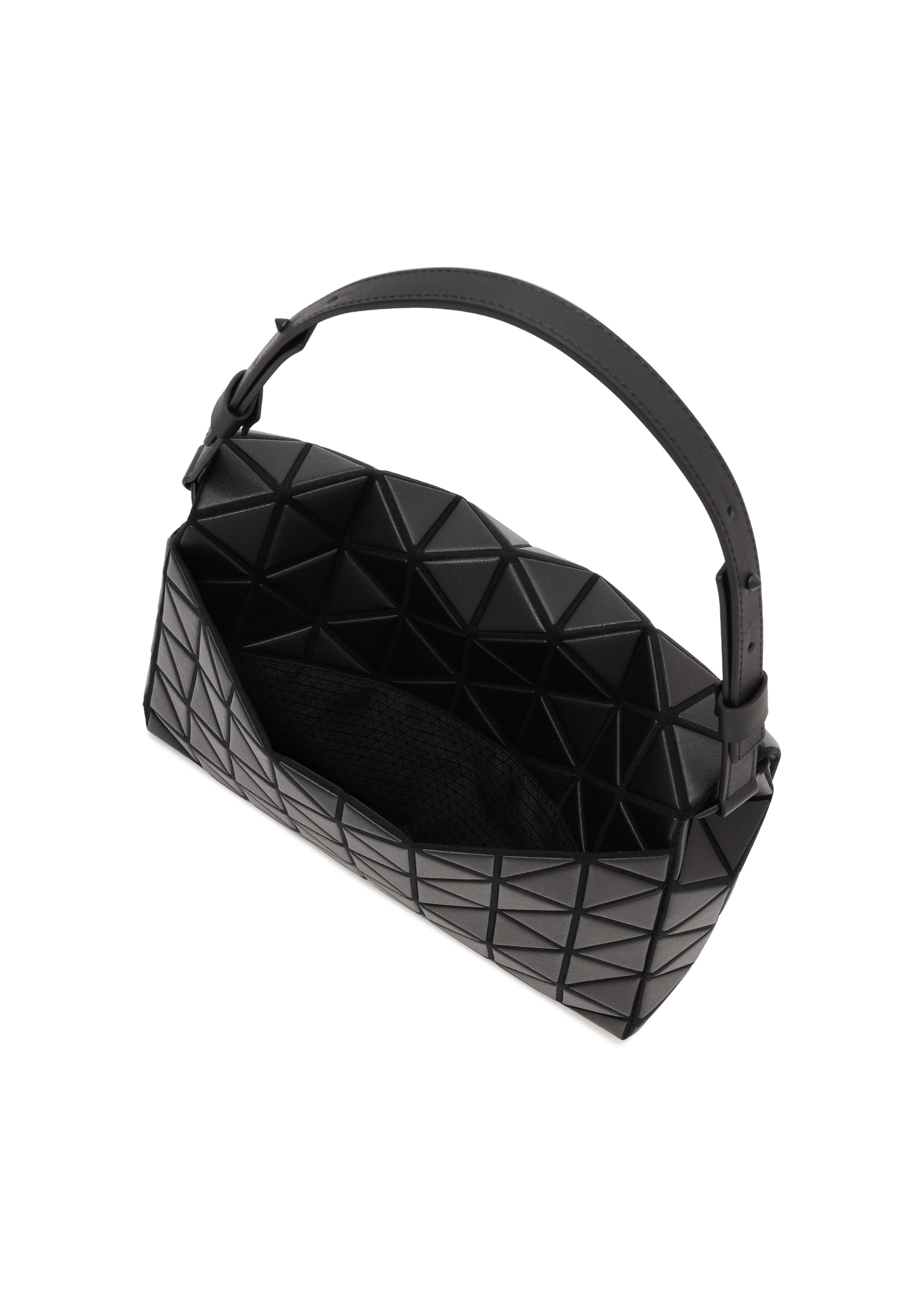 Zoomed view The FOSSETTE by BAO BAO ISSEY MIYAKE is a black handbag featuring a distinctive geometric, triangular pattern, a wide handle, and an open top that reveals a spacious interior secured with a magnetic closure.