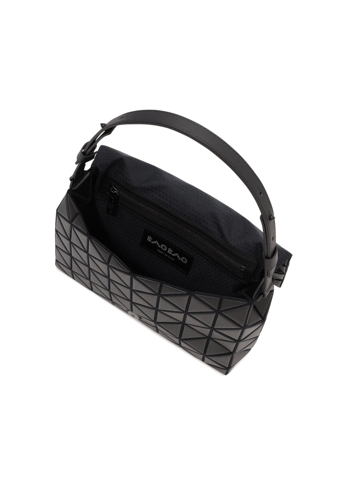 The FOSSETTE handbag by BAO BAO ISSEY MIYAKE is a black geometric-patterned bag with a short handle, an open top secured by a magnetic closure, and features a zippered inner pocket and fabric lining. view 5 of 6