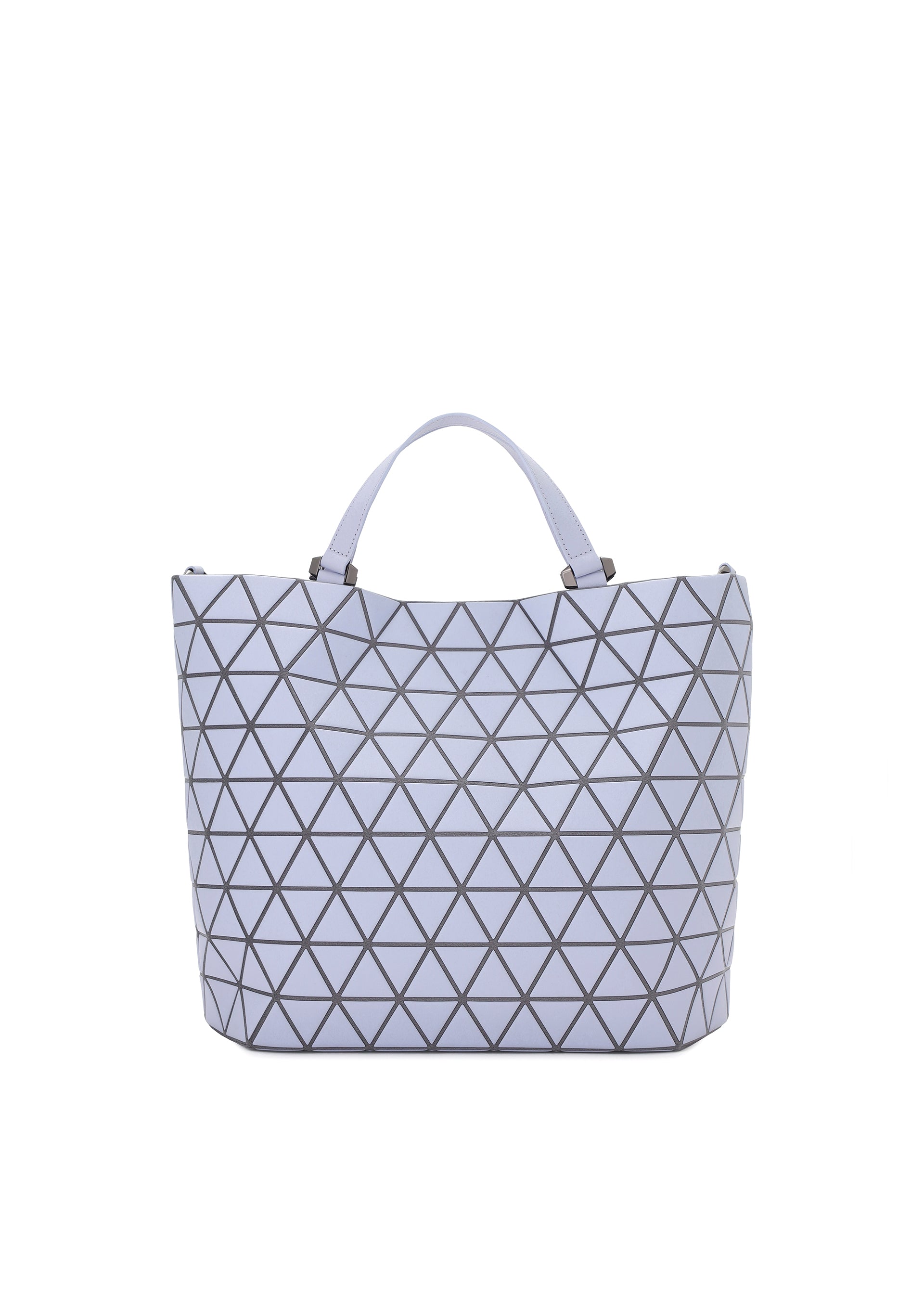 Zoomed view The CRYSTAL MATTE by BAO BAO ISSEY MIYAKE is a chic light purple handbag with short handles and leather straps, showcasing black geometric triangles—ideal for carrying A4 documents and styled against a white background. - LIGHT LAVENDER （no.82）