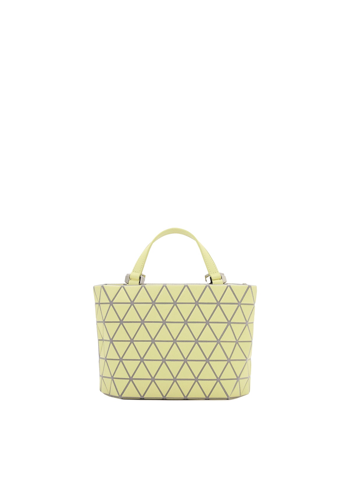 The CRYSTAL MATTE mini handbag by BAO BAO ISSEY MIYAKE features a light yellow color, black geometric triangular grid pattern, short handles, inside pockets, and is displayed against a plain white background. view 1 of 6