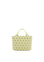 The CRYSTAL MATTE mini handbag by BAO BAO ISSEY MIYAKE features a light yellow color, black geometric triangular grid pattern, short handles, inside pockets, and is displayed against a plain white background. - LIME YELLOW （no.56）