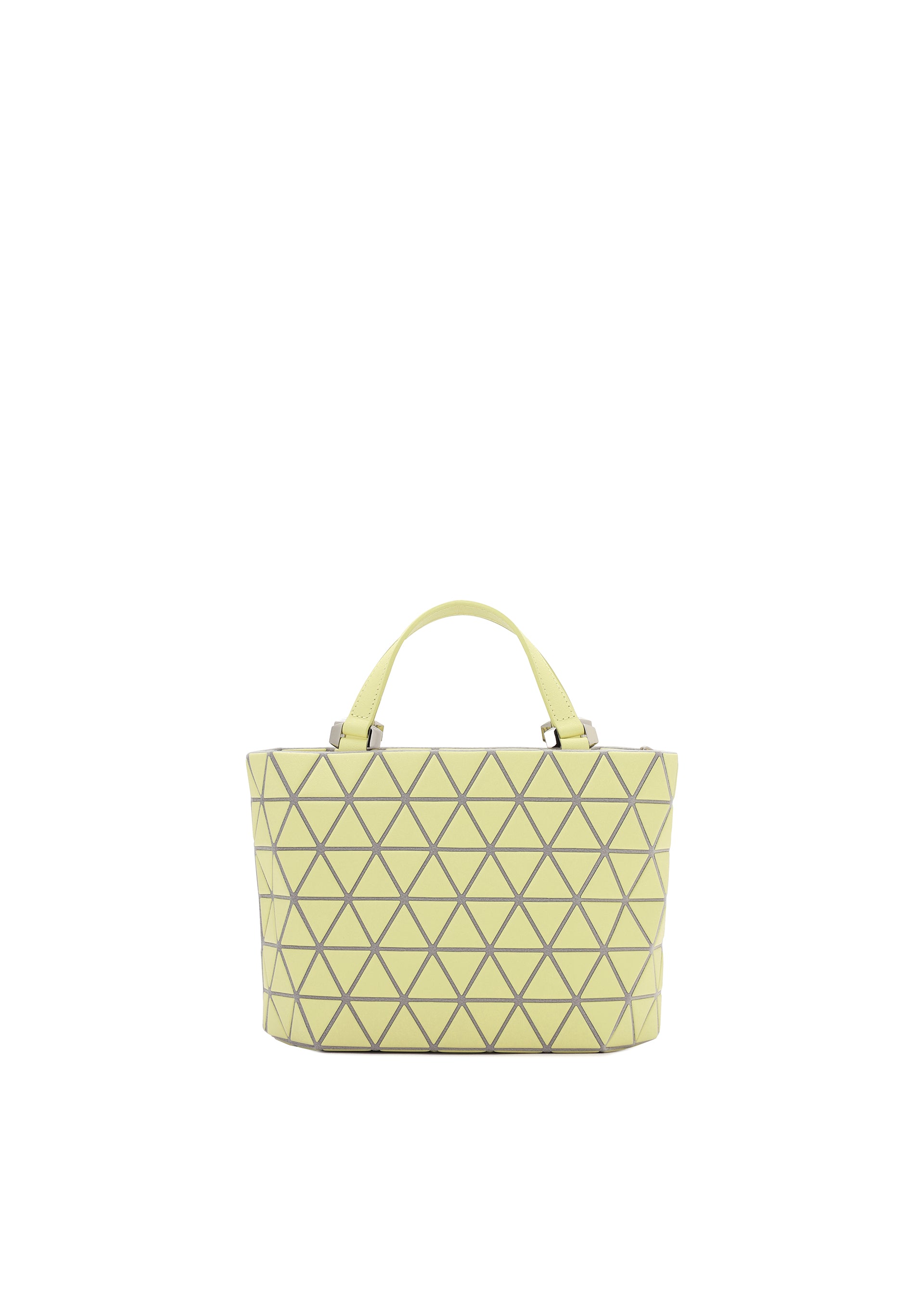 Zoomed view The CRYSTAL MATTE mini handbag by BAO BAO ISSEY MIYAKE features a light yellow color, black geometric triangular grid pattern, short handles, inside pockets, and is displayed against a plain white background. - LIME YELLOW （no.56）