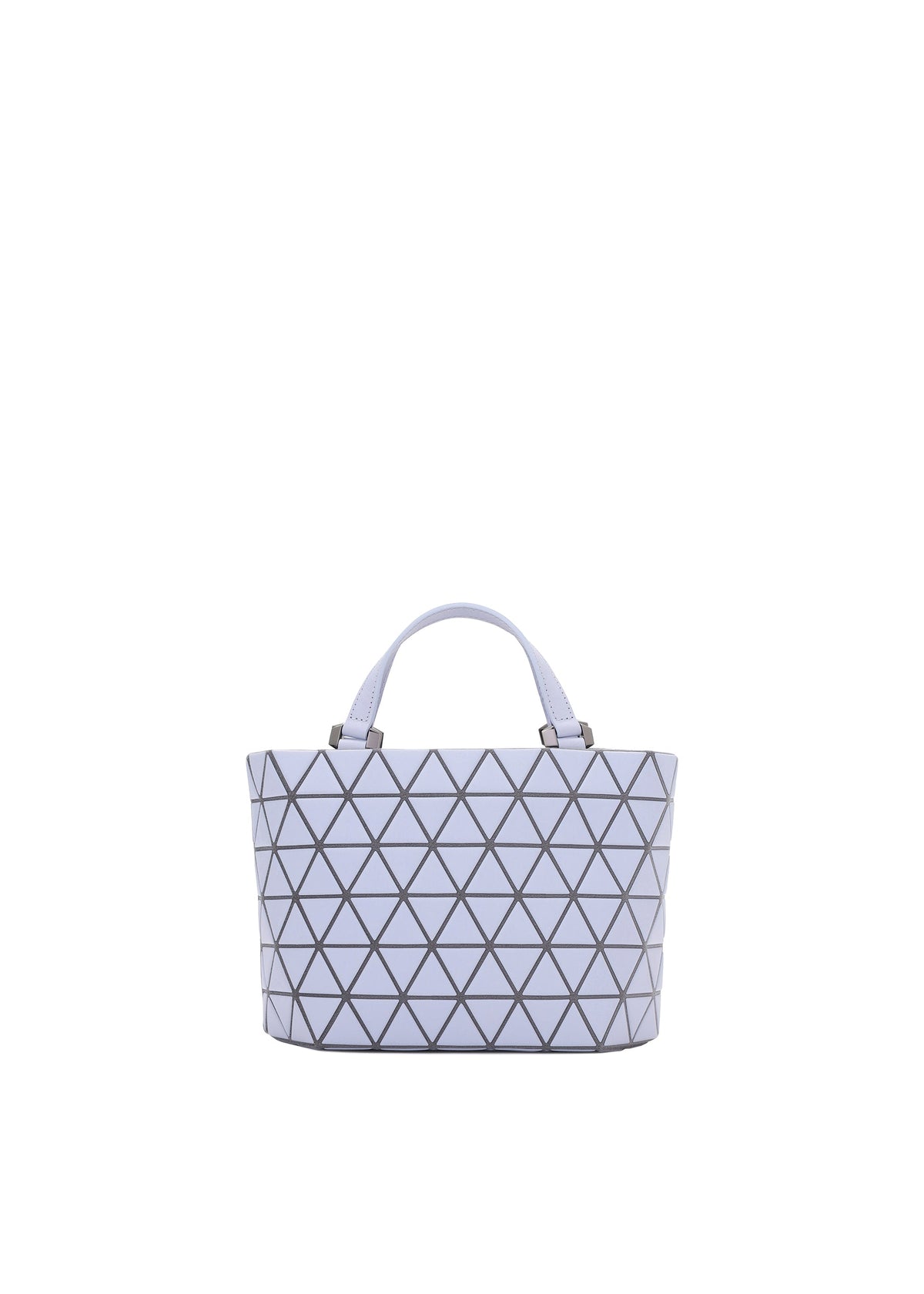 The CRYSTAL MATTE tote bag by BAO BAO ISSEY MIYAKE features a light purple color, black geometric triangle pattern, two short handles, and inside pockets, shown against a plain white background. view 2 of 6