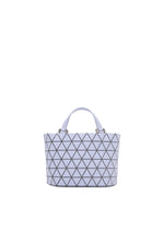 The CRYSTAL MATTE tote bag by BAO BAO ISSEY MIYAKE features a light purple color, black geometric triangle pattern, two short handles, and inside pockets, shown against a plain white background. - LIGHT LAVENDER （no.82）