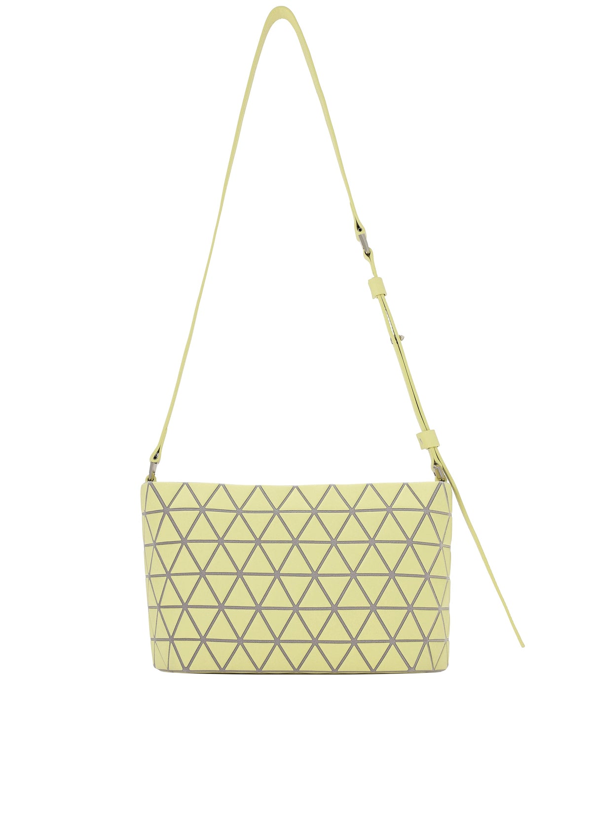 The CRYSTAL MATTE by BAO BAO ISSEY MIYAKE is a rectangular yellow shoulder bag with a geometric triangular grid pattern, matte finish, and adjustable strap, shown against a plain white background. view 1 of 6