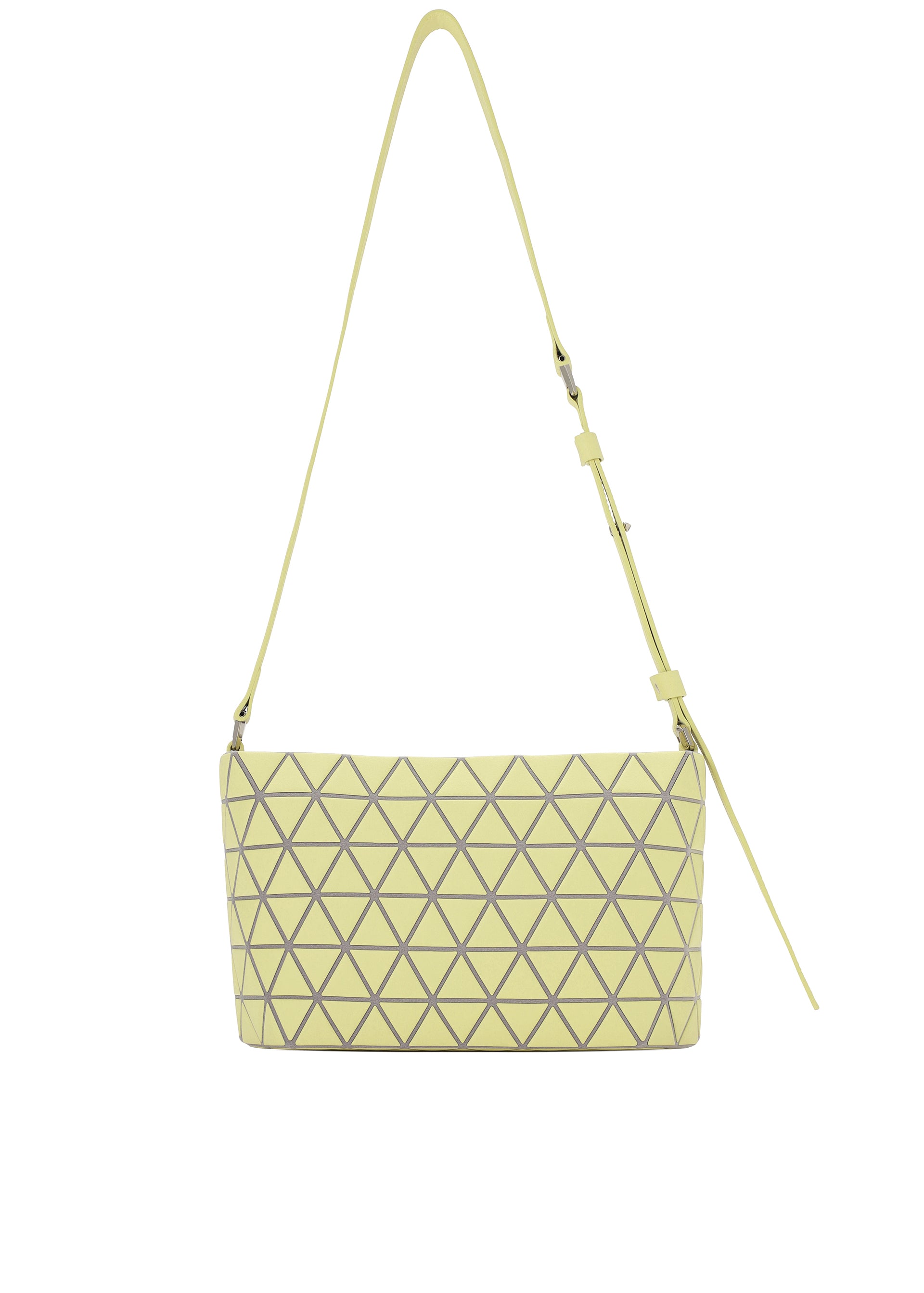 Zoomed view The CRYSTAL MATTE by BAO BAO ISSEY MIYAKE is a rectangular yellow shoulder bag with a geometric triangular grid pattern, matte finish, and adjustable strap, shown against a plain white background. - LIME YELLOW （no.56）
