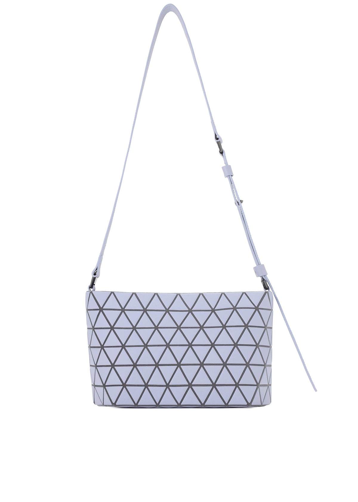 The BAO BAO ISSEY MIYAKE CRYSTAL MATTE is a rectangular white shoulder bag featuring leather and adjustable straps, with a black-outlined geometric triangular pattern on matte material. view 2 of 6