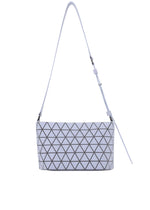 The BAO BAO ISSEY MIYAKE CRYSTAL MATTE is a rectangular white shoulder bag featuring leather and adjustable straps, with a black-outlined geometric triangular pattern on matte material. - LIGHT LAVENDER （no.82）