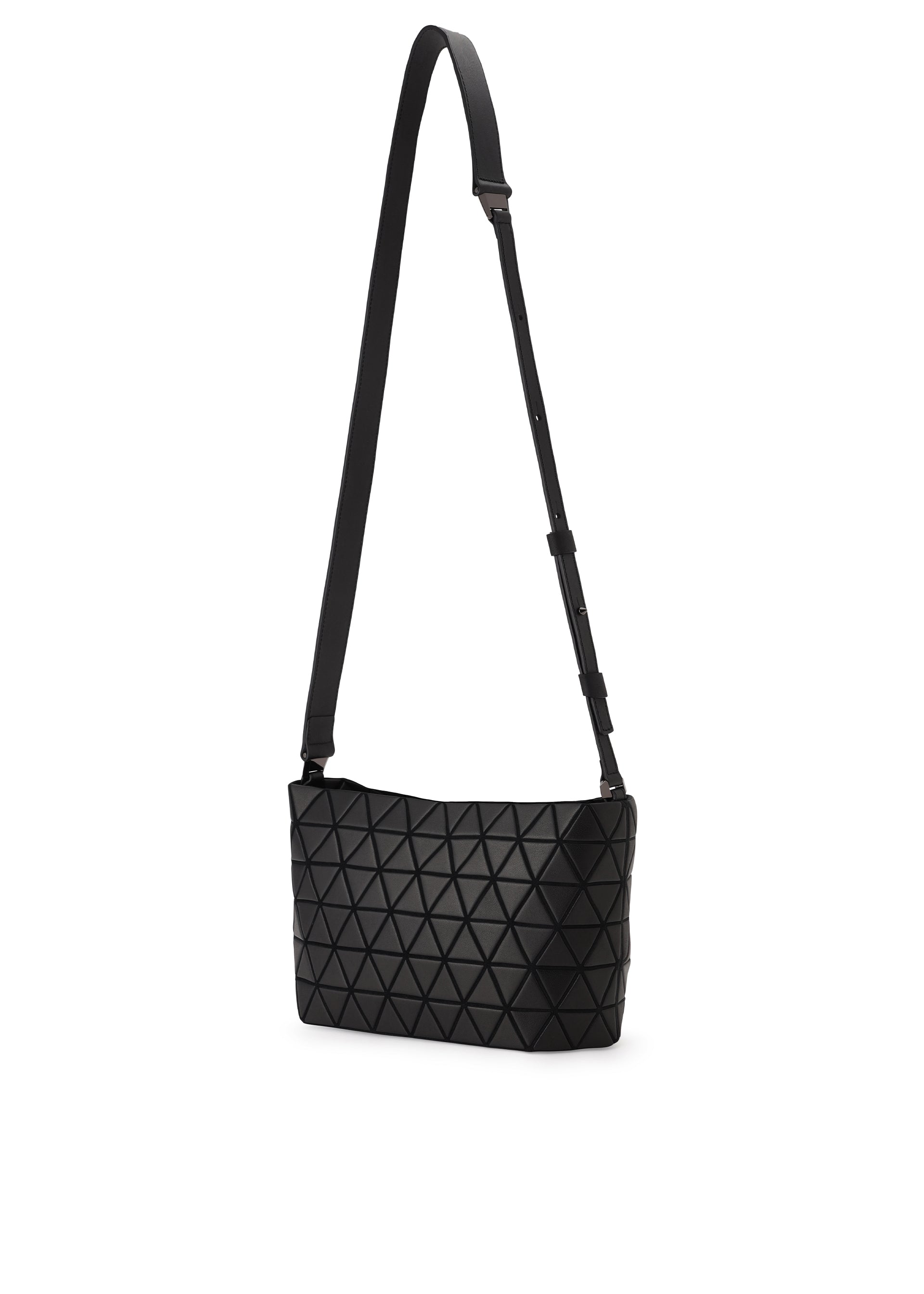 Zoomed view The CRYSTAL MATTE by BAO BAO ISSEY MIYAKE is a black crossbody bag featuring an adjustable leather strap, geometric triangular pattern, modern textured design, matte finish, and a sleek rectangular shape.