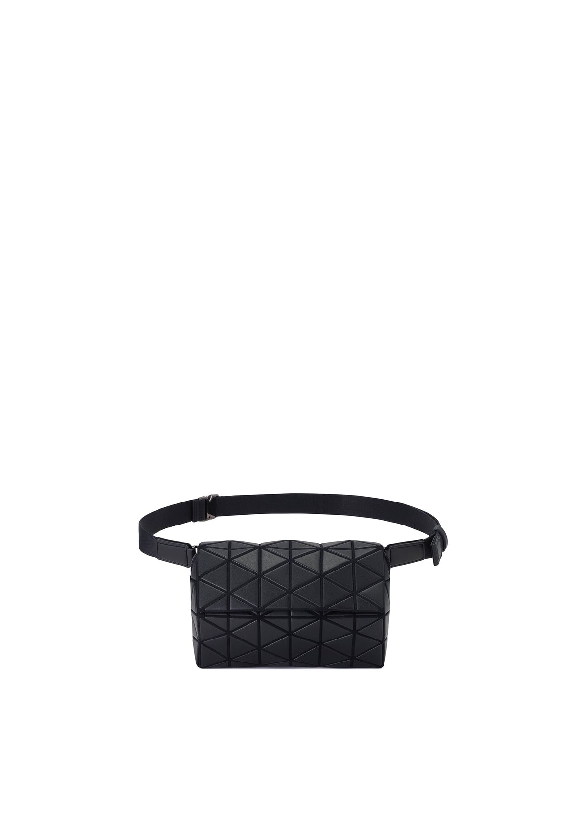 Zoomed view The HEXAGON by BAO BAO ISSEY MIYAKE is a black geometric-patterned sling bag with an adjustable strap, crafted from leather-like material and shown on a plain white background. - MATTE BLACK （no.16）