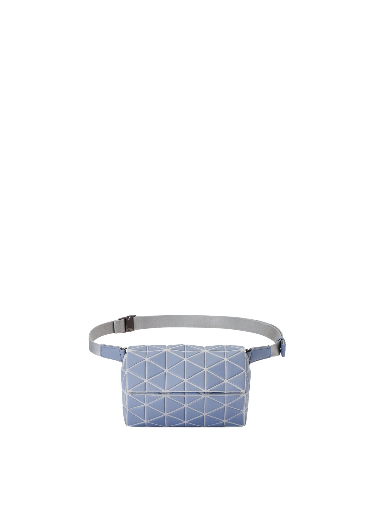 The HEXAGON by BAO BAO ISSEY MIYAKE is a light blue geometric sling bag with a white grid pattern, gray adjustable strap, and leather-like material, shown on a plain white background. view 2 of 6