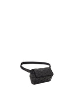 The HEXAGON by BAO BAO ISSEY MIYAKE is a black sling bag with a geometric pattern, adjustable strap, and leather-like material, set against a plain white background.