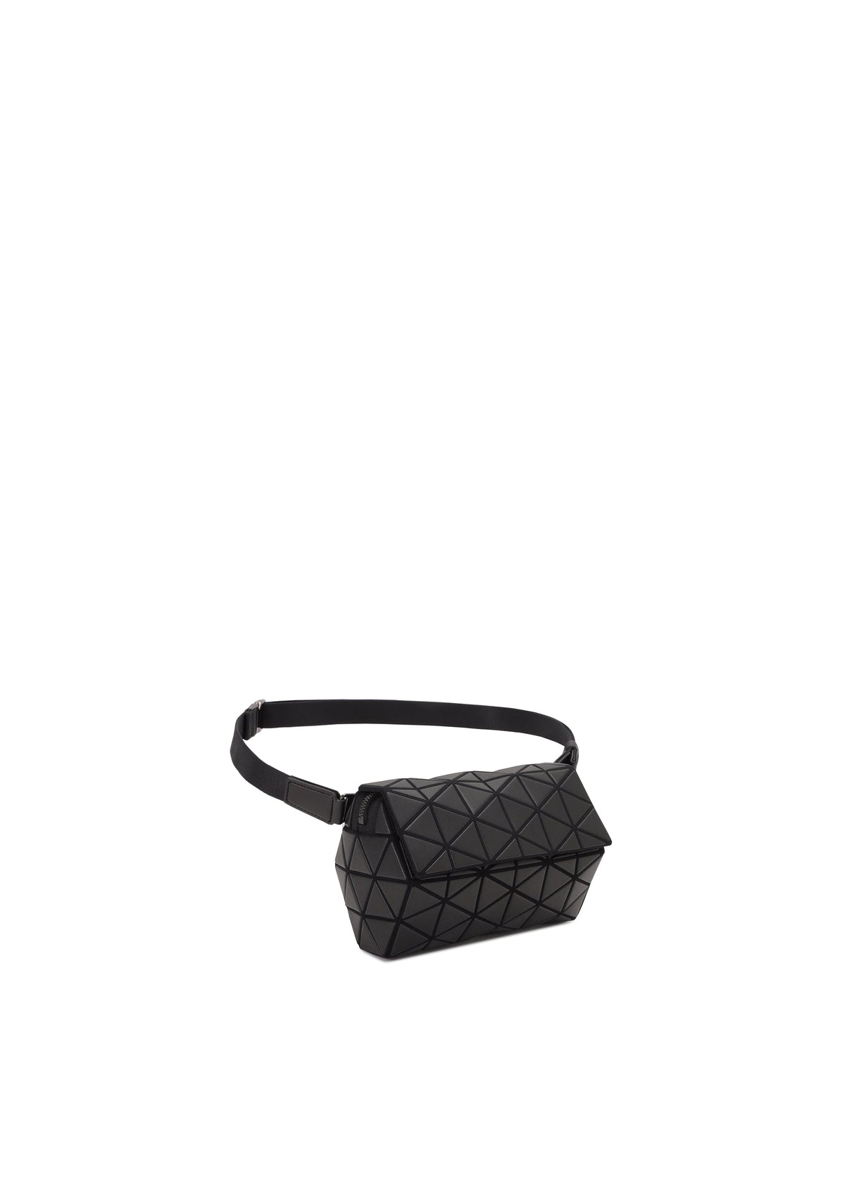 Zoomed view The HEXAGON by BAO BAO ISSEY MIYAKE is a black sling bag with a geometric pattern, adjustable strap, and leather-like material, set against a plain white background.