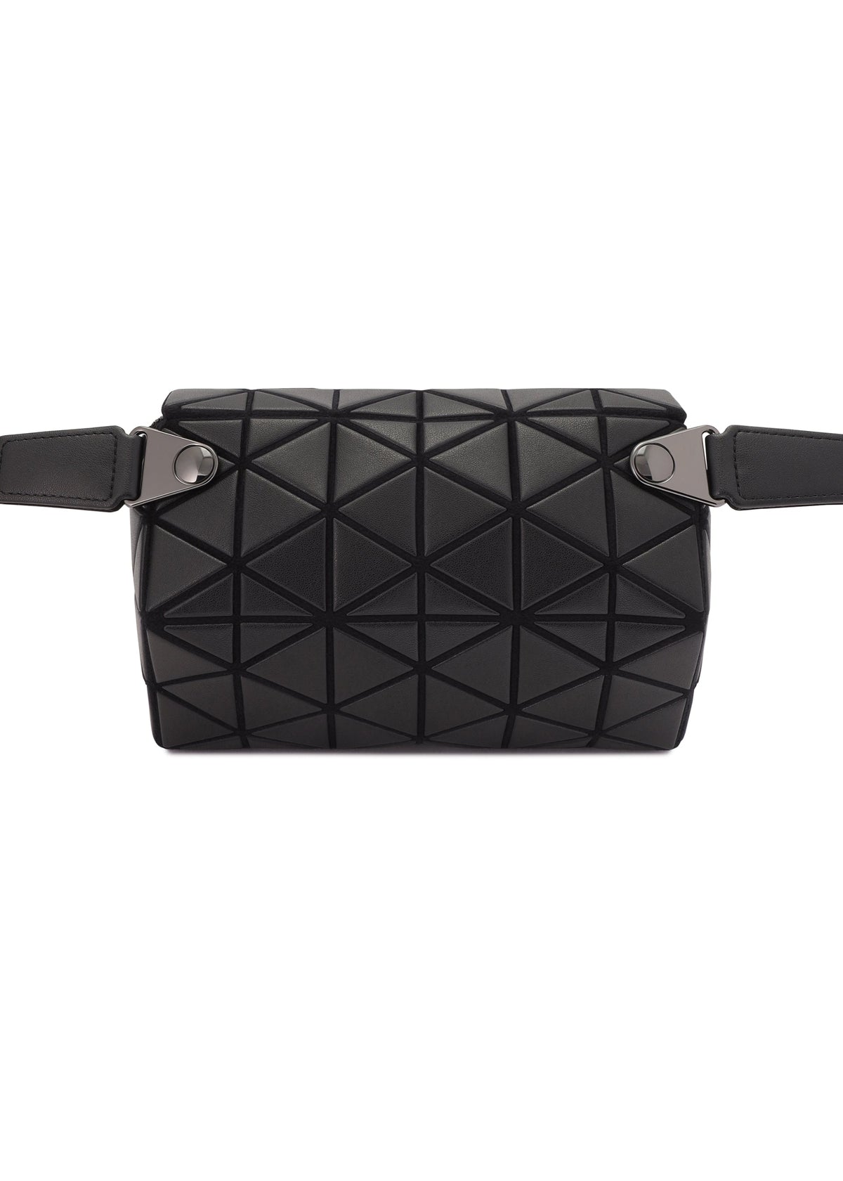 The HEXAGON by BAO BAO ISSEY MIYAKE is a black, leather-like geometric belt bag with silver hardware and an adjustable strap—also wearable as a sporty shoulder bag, shown on a white background. view 4 of 6