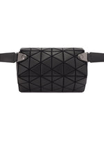 The HEXAGON by BAO BAO ISSEY MIYAKE is a black, leather-like geometric belt bag with silver hardware and an adjustable strap—also wearable as a sporty shoulder bag, shown on a white background.