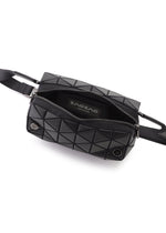 The HEXAGON sling bag by BAO BAO ISSEY MIYAKE features a black geometric design, leather-like textured surface with triangles, an adjustable black strap, and a partially open zipper revealing the inner label.