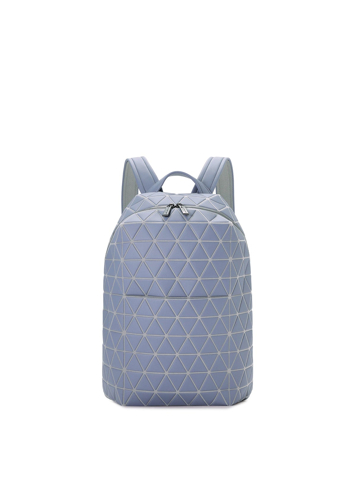 The HEXAGON by BAO BAO ISSEY MIYAKE is a sporty light blue backpack with a geometric triangular pattern, faux leather finish, two shoulder straps, three pockets, and a top zipper against a white background. view 2 of 7