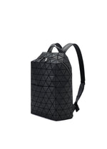 The HEXAGON by BAO BAO ISSEY MIYAKE is a sporty backpack with a geometric triangular pattern, leather-like finish, two shoulder straps, top handle, and three pockets—all on a white background.