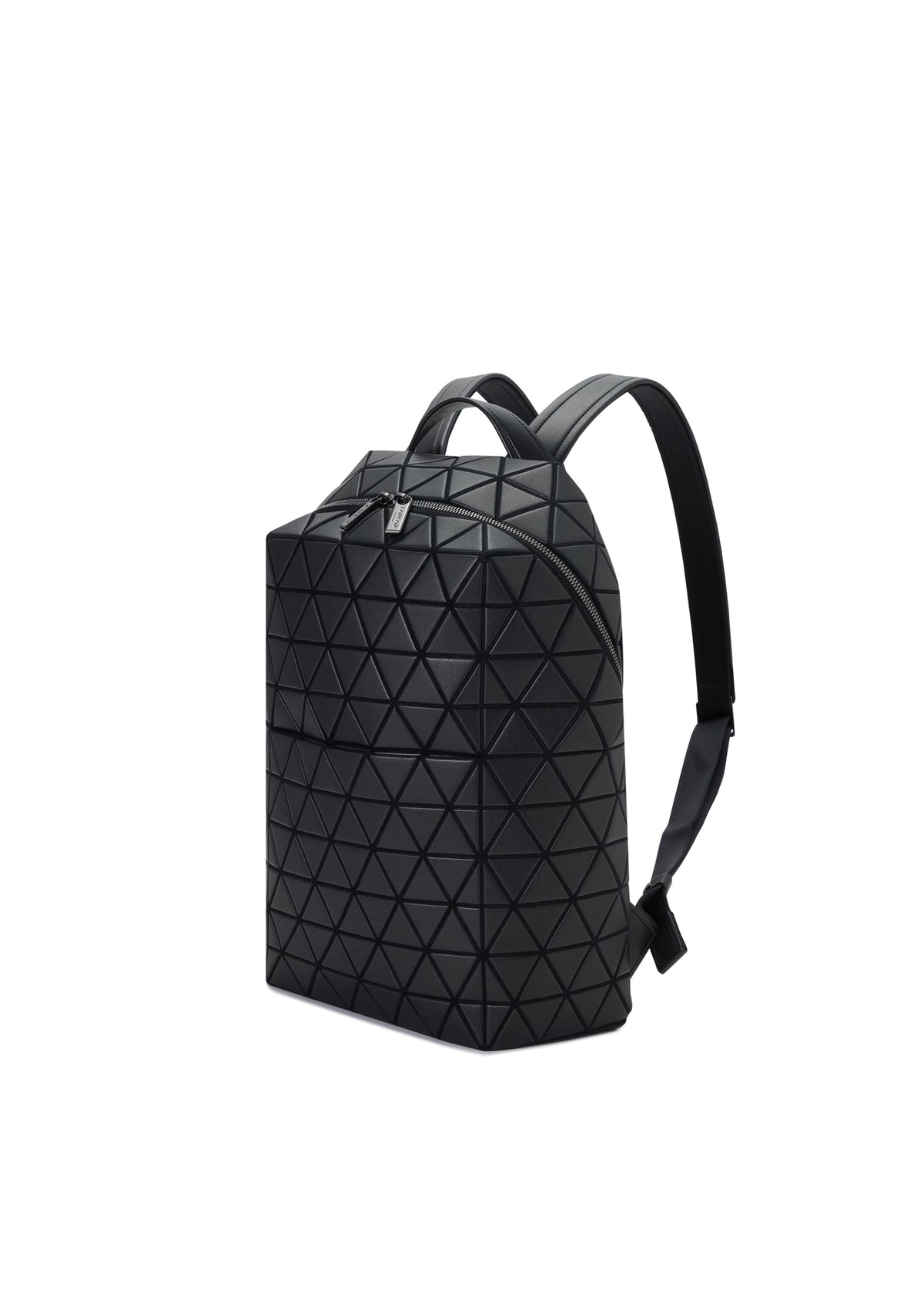 Zoomed view The HEXAGON by BAO BAO ISSEY MIYAKE is a sporty backpack with a geometric triangular pattern, leather-like finish, two shoulder straps, top handle, and three pockets—all on a white background.