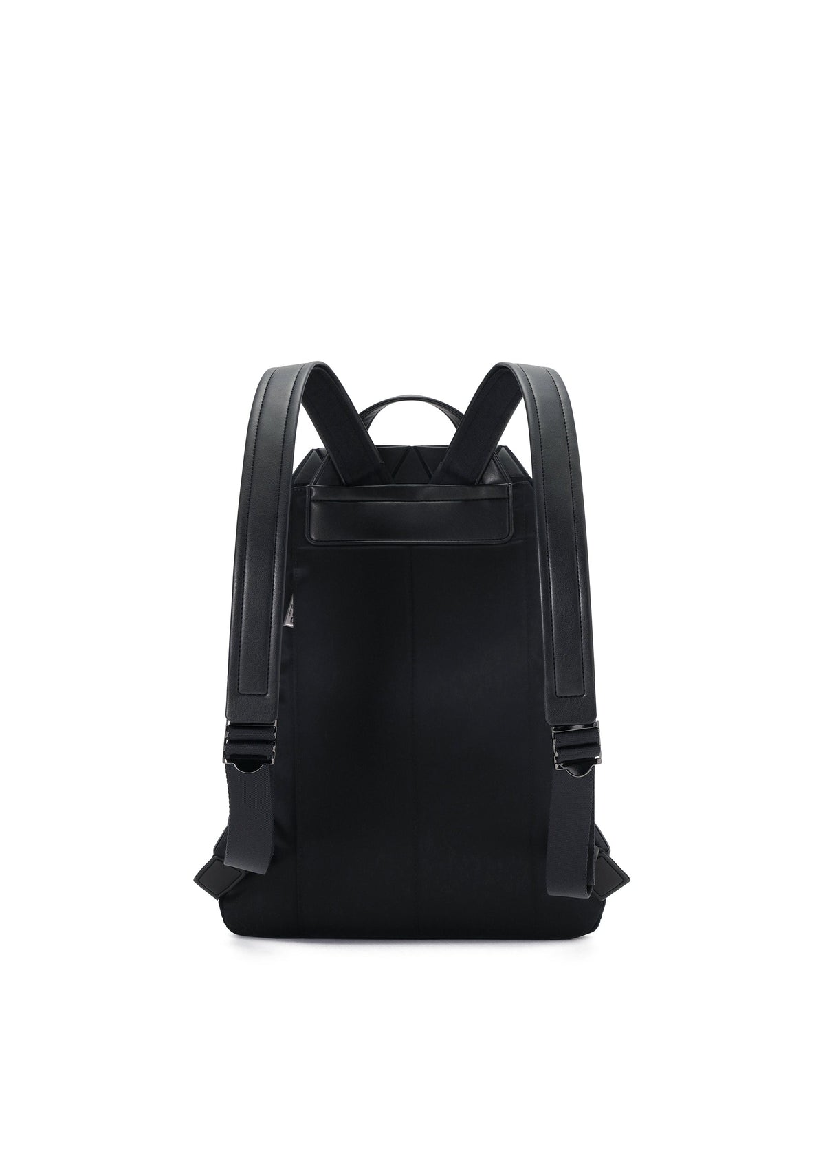 Zoomed view The HEXAGON backpack by BAO BAO ISSEY MIYAKE is black with two padded, adjustable shoulder straps, a sturdy top handle, and three pockets. Shown from the back on a white background with no visible logos or patterns.