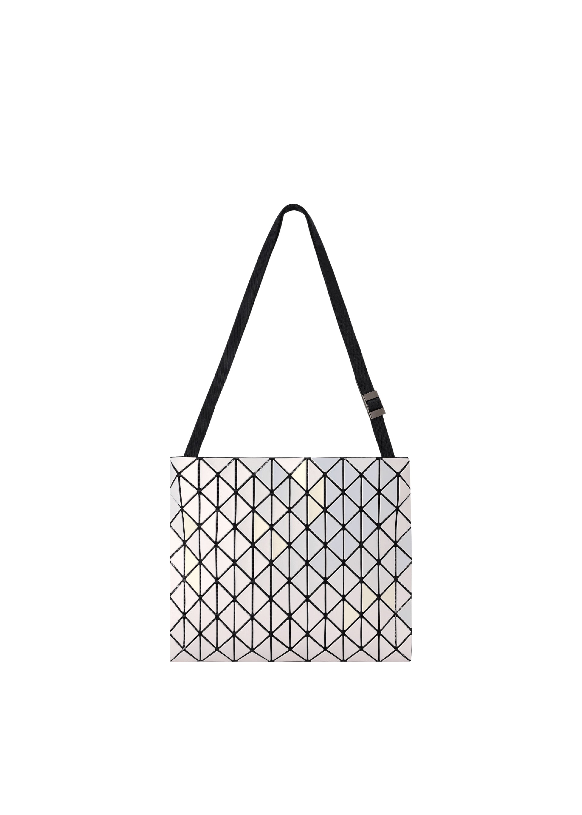 Zoomed view Introducing the ROW METALLIC shoulder bag from BAO BAO ISSEY MIYAKE, crafted with a grid of triangular panels in silver polarized pearl, featuring a modern reflective design and a black adjustable strap, showcased on a plain white background. - WHITE （no.01）