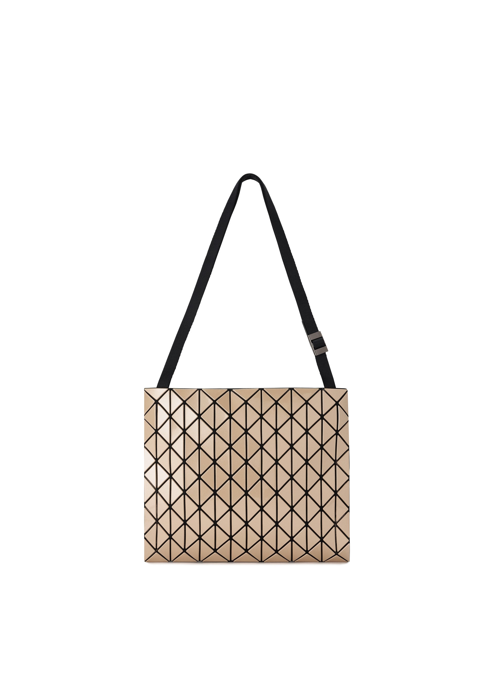 Zoomed view A beige geometric tote bag from the ROW METALLIC series by BAO BAO ISSEY MIYAKE, crafted with a polarized pearl material and featuring a black grid pattern and a single adjustable black shoulder strap, photographed on a white background. - BEIGE （no.41）