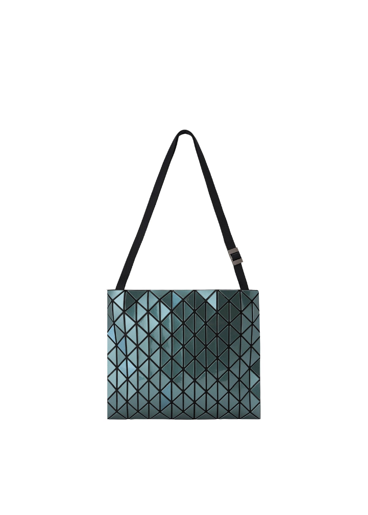 A geometric metallic shoulder bag from BAO BAO ISSEY MIYAKE’s ROW METALLIC collection, featuring a black adjustable strap and a grid of triangular, reflective panels crafted from polarized pearl material on a white background. view 3 of 7