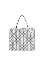 A white tote bag from the BAO BAO ISSEY MIYAKE ROW METALLIC collection, featuring black geometric triangles arranged in a bold grid pattern. Crafted from polarized pearl material for a subtle sheen, it is finished with two white handles secured by silver rivets on one side. - WHITE （no.01）