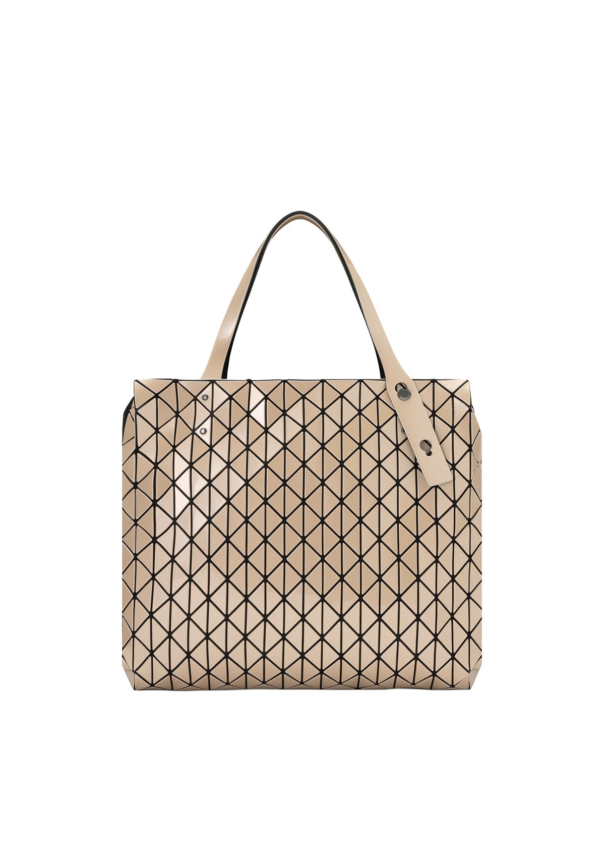 A tote bag from the BAO BAO ISSEY MIYAKE ROW METALLIC collection, featuring black geometric triangle patterns on a beige polarized pearl material, two short handles, and silver button details at the base of the handles. view 2 of 7